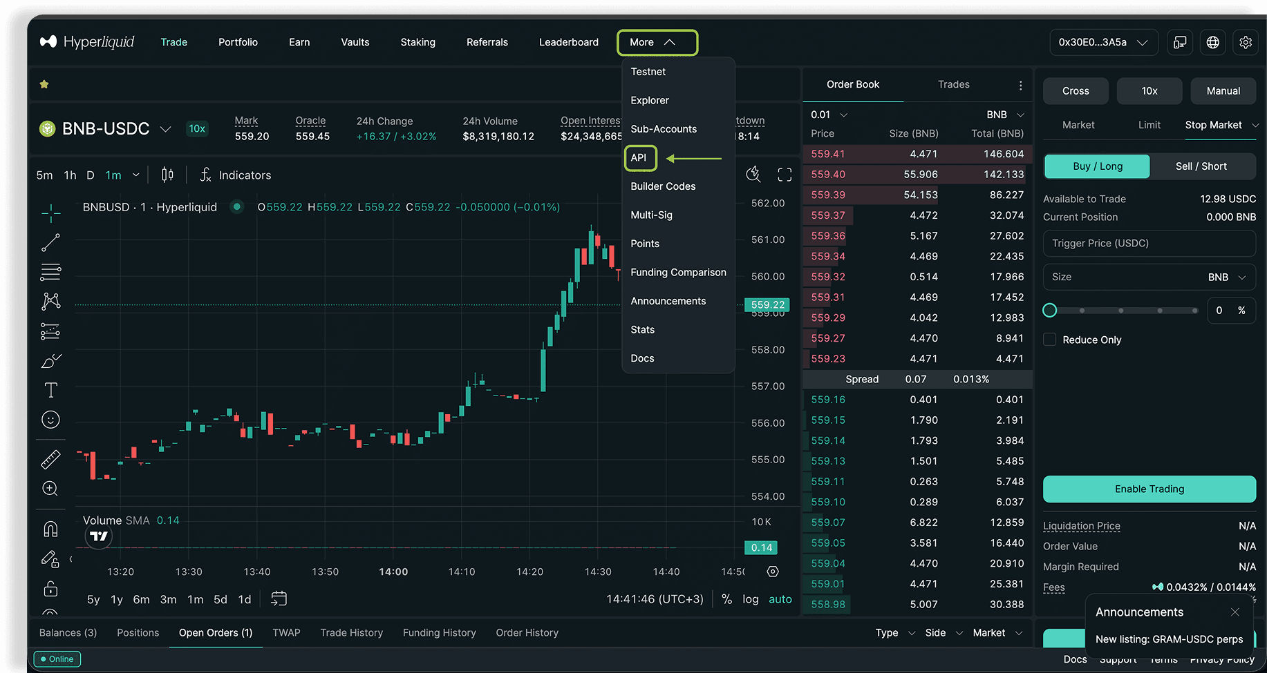 In Hyperliquid, go to Trade → More → API