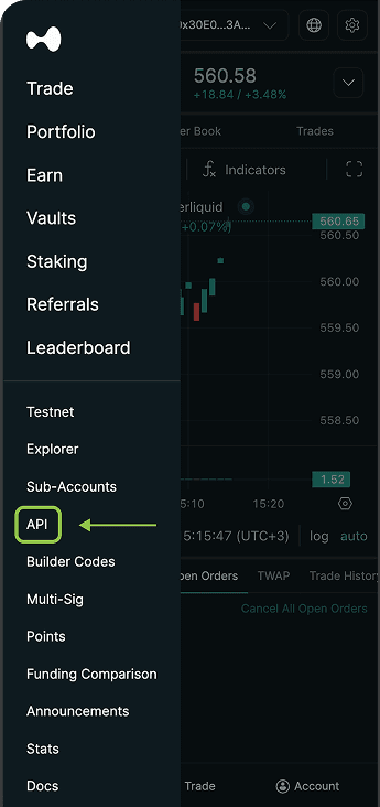 In Hyperliquid, go to Trade → More → API