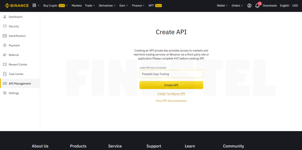 Binance create API page