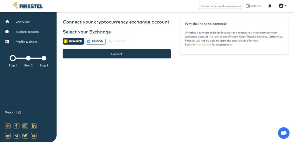 Select the exchange account to connect to Finestel