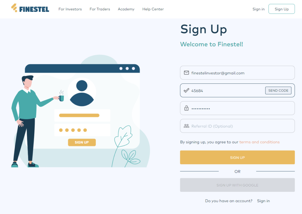Finestel sign up page.