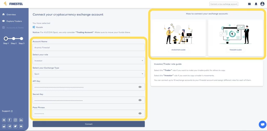 Entering the details of the new exchange account on Finestel.
