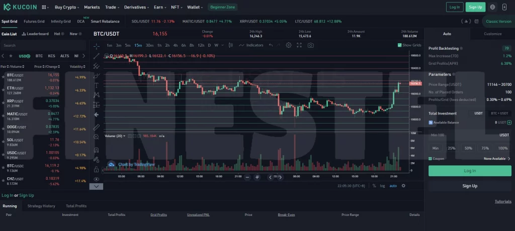 A screenshot of KuCoin trader bot development platform.