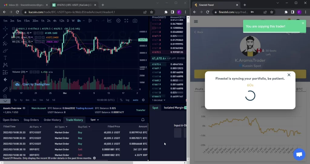 A screenshot of the 60-second portfolio syncing process in KuCoin Copy Trading via Finestel