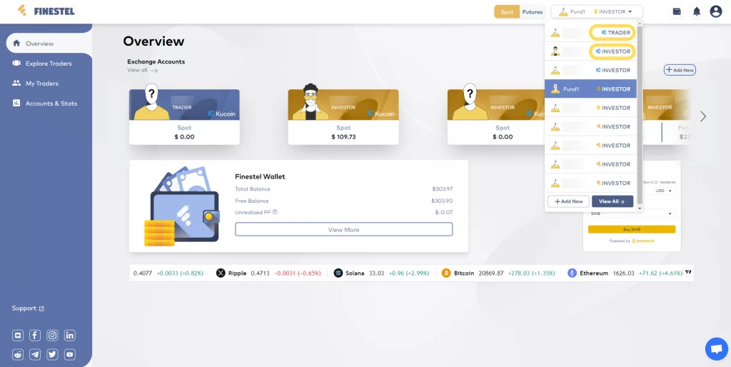 Connecting multiple Binance, KuCoin, and Finestel Exchange accounts to Finestel as both trader and investor.