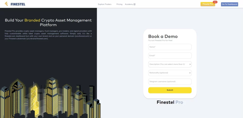 The signup page for Finestel Pro demo account.