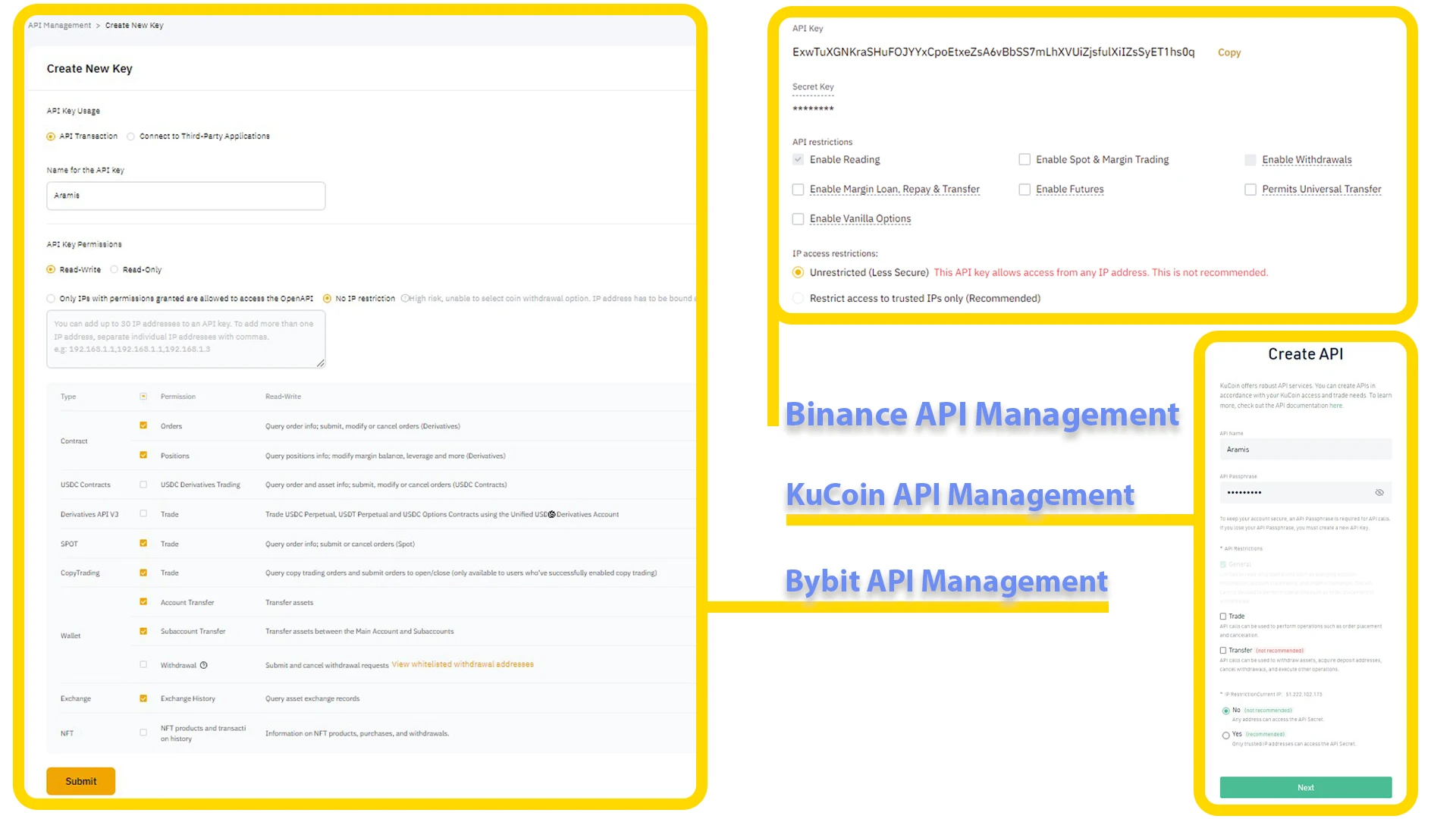 Comparing Bybit, Binance and KuCoin API configuration sophistications together.