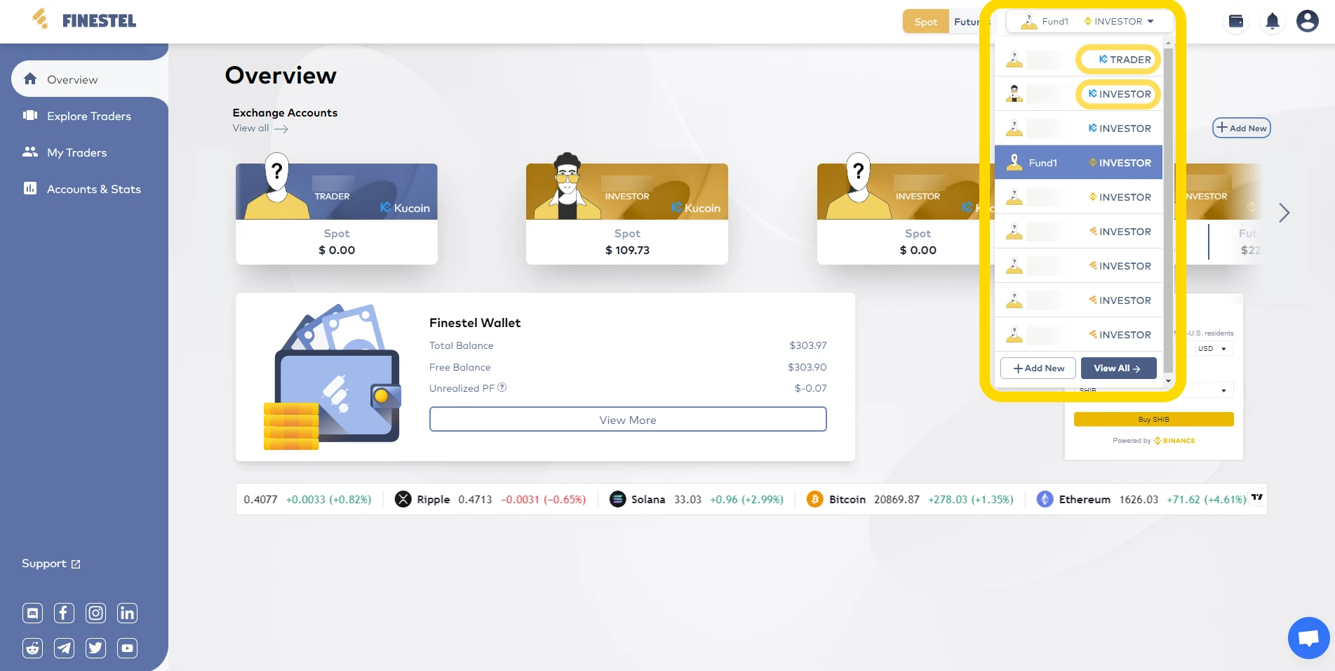 Connect multiple exchange accounts to one Finestel account and easily switch between them 