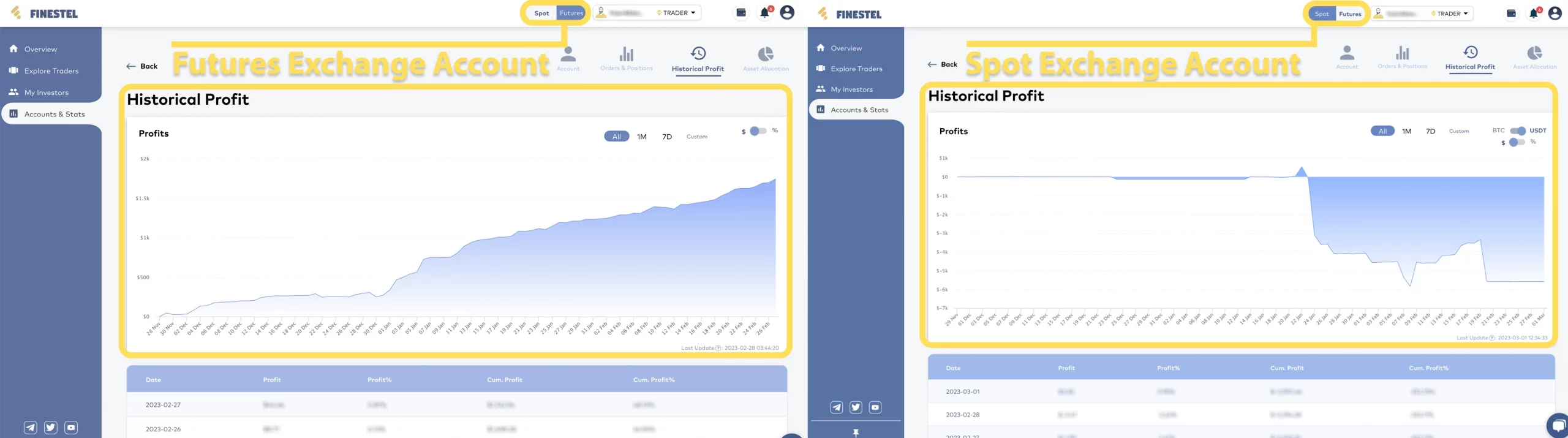 Performance history (P&L) for both connected spot & futures exchange accounts (binance)