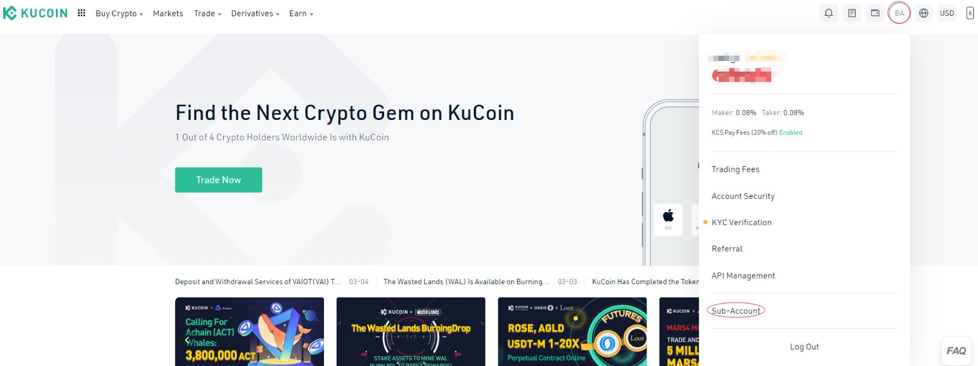 Creating Kucoin Subaccount