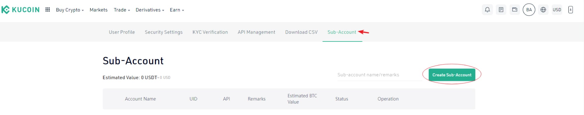 Name, Password, Confirm KuCoin Subaccount