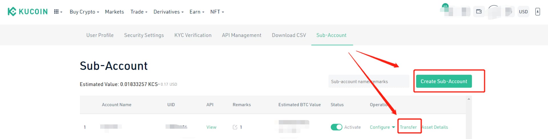 Transfering assets through Kucoin subaccounts