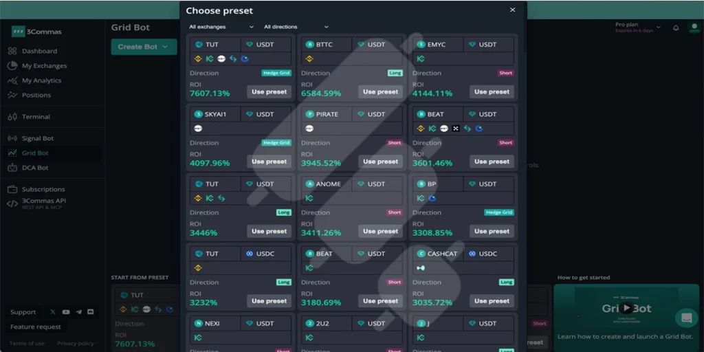 3commas grid bot choose from pre-sets