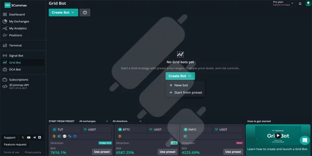 3commas grid bot creat a new bot or start from preset