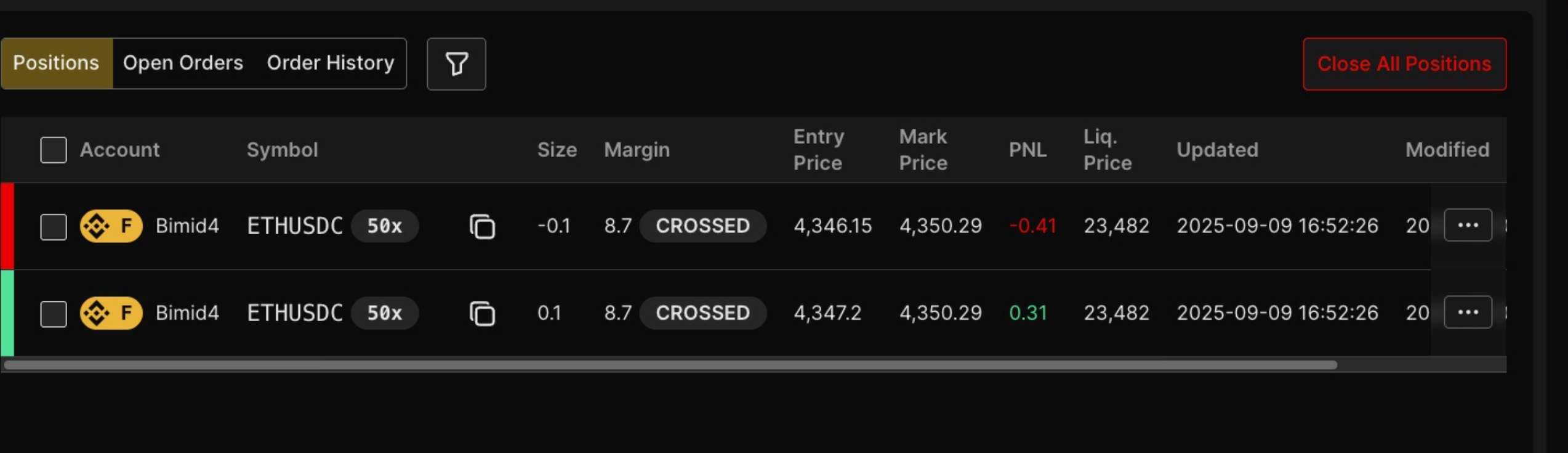 position tab in trading terminal