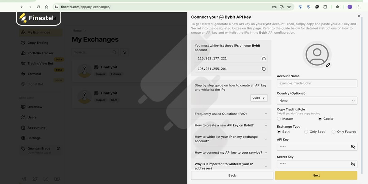 Enter Your API Keys into Finestel