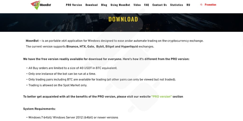 Moonbot review: Supported exchanges