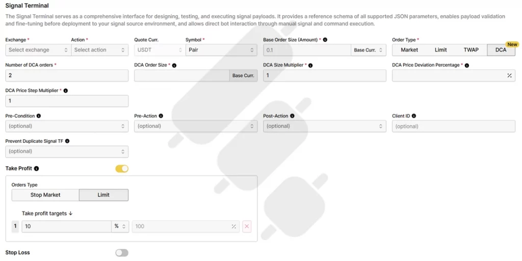 Finestel's DCA bot interface