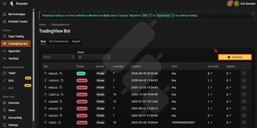 connecting TradingView bot to Finestel