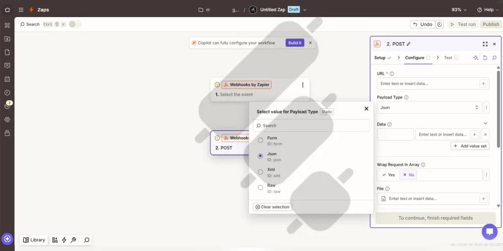 configuring the action post in Zapier automation for crypto trading