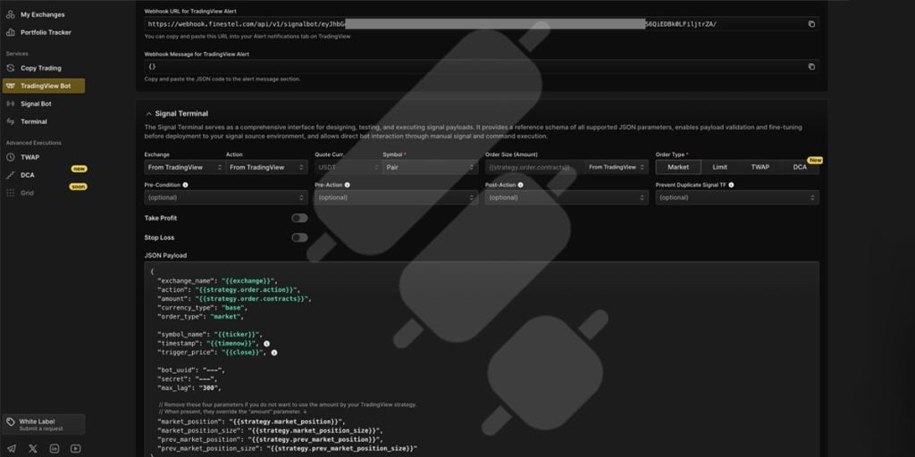 finestel tradingview bot webhook and json payload