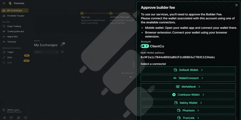 finestel white label add hyperliquid client account approve builder fee