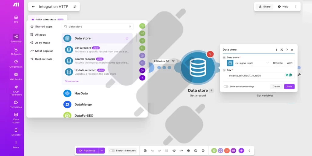 make scenario add module data store get a record