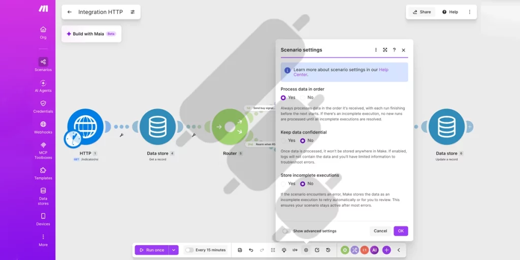 make platform scenario settings process data in order yes