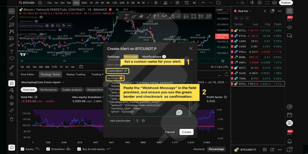 tradingview set alert - message tab