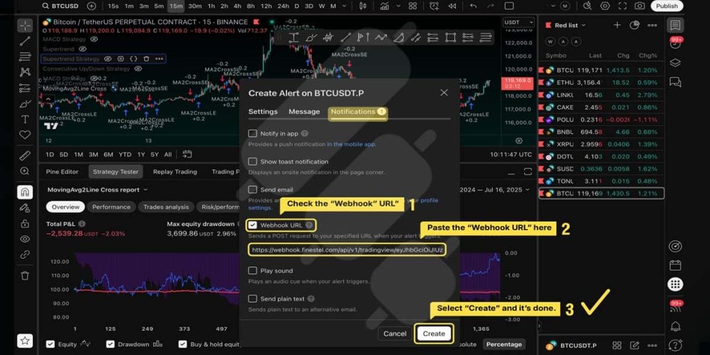 tradingview set alert - notification tab