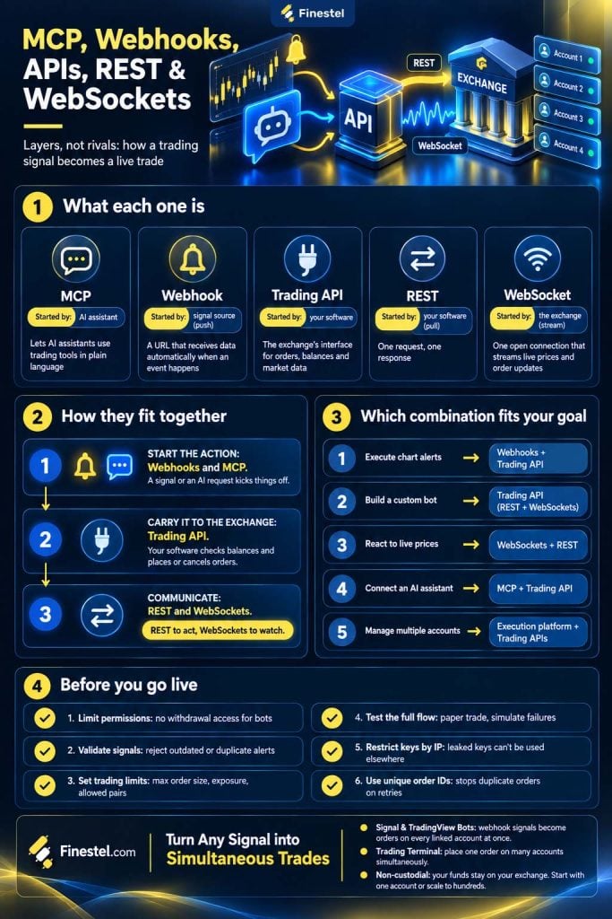MCP vs. Webhooks vs. Trading APIs vs. REST vs. WebSockets infographic